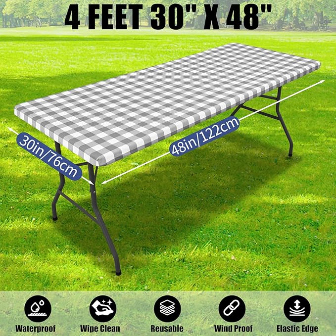 Smiry Picnic Table Cloth 2 Pack, Waterproof Elastic Fitted Tablecloths for 4FT Rectangle Tables, Washable Polyester Buffalo Plaid Tablecloth for Camping, Dining & Outdoor (Grey & White, 30" x 48")