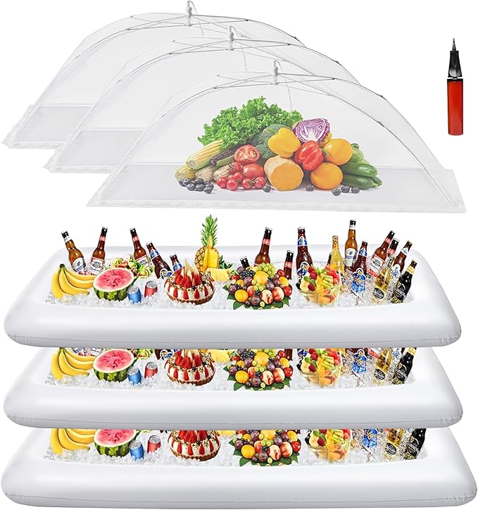 HBlife Inflatable Serving Bar with Jumbo Mesh Food Cover, Party Supplies for Picnics BBQ Gathering, 3 Inflatable Cooler, 3 Large Food Tents Food Covers for Outside