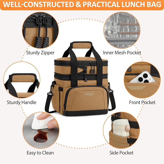 Vankor Lunch Box for Men Women, Large Double Layer Insulated Lunch Bag Tote Expandable Leakproof Waterproof Cooler Bag with Adjustable Shoulder Strap for Work Office Picnic Travel, Khaki