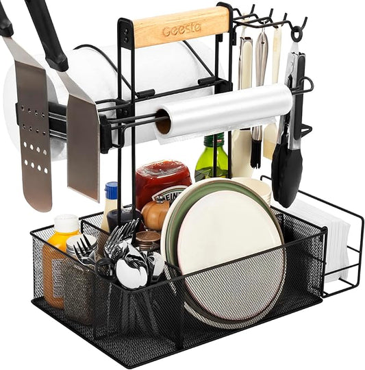 Geesta Grill Caddy for Outdoor Grill, BBQ Picnic Camping Caddy with Paper Towel Holder & Magnetic Tool Holder, Condiment Storage Utensil Kitchen Organizer for RV Camper, Tailgate Accessories