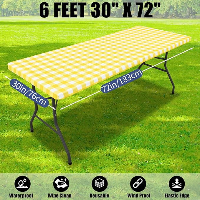 Smiry Picnic Table Cloth 2 Pack, Waterproof Elastic Fitted Tablecloths for 6FT Rectangle Tables, Washable Polyester Buffalo Plaid Tablecloth for Camping, Dining & Outdoor (Yellow & White, 30" x 72")