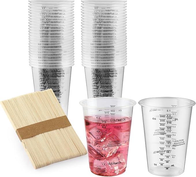 50PCS Resin Epoxy Mixing Cups, DQELFA 8oz Clear Plastic Paint Measuring Cups with 50pcs Wooden Stirring Sticks for Epoxy Resins, Mixing Paint, Pigments, Resins