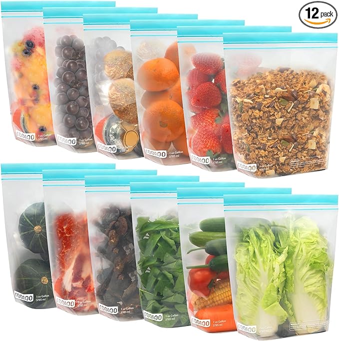 12 Pack Reusable Gallon Freezer Bags, Dishwasher Safe BPA Free Food Storage Bags, Extra Thick Leakproof Plastic Ziplock Bags for Meal Prep Fruits Sandwich Snack