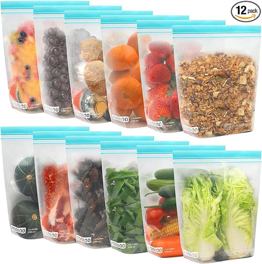 12 Pack Reusable Gallon Freezer Bags, Dishwasher Safe BPA Free Food Storage Bags, Extra Thick Leakproof Plastic Ziplock Bags for Meal Prep Fruits Sandwich Snack