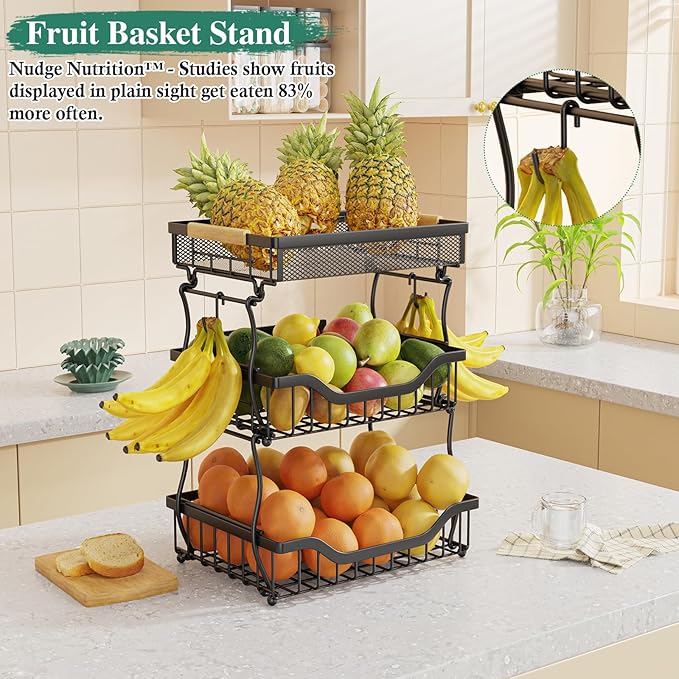 OKZEST 3-Tier Fruit Basket for Kitchen Counter, Wall Hanging Fruit Bowl and Kitchen Countertop Organizer with 2 Banana Hangers, Fruit Storage Stand for Storing Potato Onion Snack Bread Fruit Veggie
