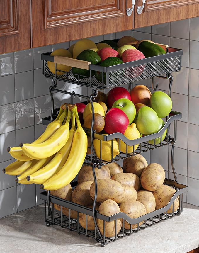 OKZEST 3-Tier Fruit Basket for Kitchen Counter, Wall Hanging Fruit Bowl and Kitchen Countertop Organizer with 2 Banana Hangers, Fruit Storage Stand for Storing Potato Onion Snack Bread Fruit Veggie