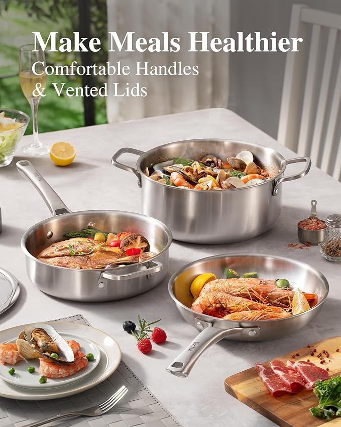 VocVoi Stainless Steel Pan Set, Frying Pan Set, 8/10/12 Inch Stainless Steel Cookware Set, PFOA&PTFE Free Tri-Ply Skillets, Chef's Pan Set, Dishwasher and Oven Safe, Induction Compatible
