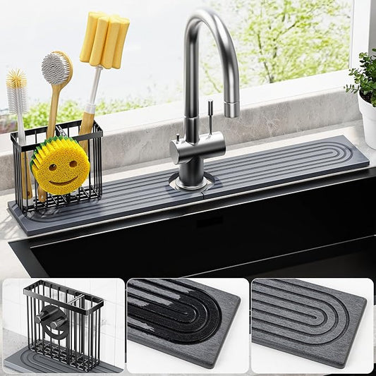 Cisily Diatomite Faucet Mat for Kitchen Sink Protectors with Dish Brush Holder-Absorbent Drying Counter Stone Water Splash Guard Area, Behind Kitchen Sink Caddy Organizers Decor Accessories Organizer
