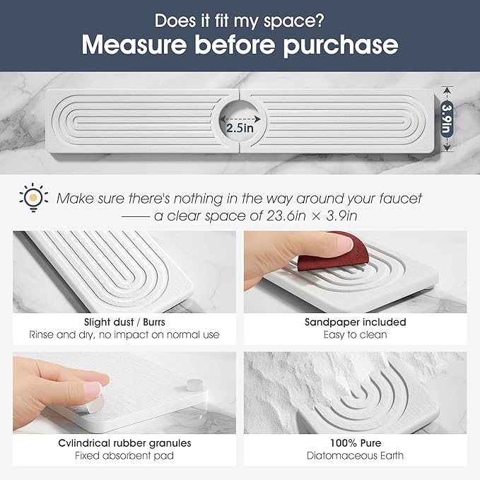 Quick Drying Stone Faucet Mat for Kitchen Sink - Diatomite Sink Mat Absorbing Stone Tray for Bathroom Counter, Sink Faucet Splash Guard Water Protector Matt for Kitchen Counter(White, 23.6" x 3.9")