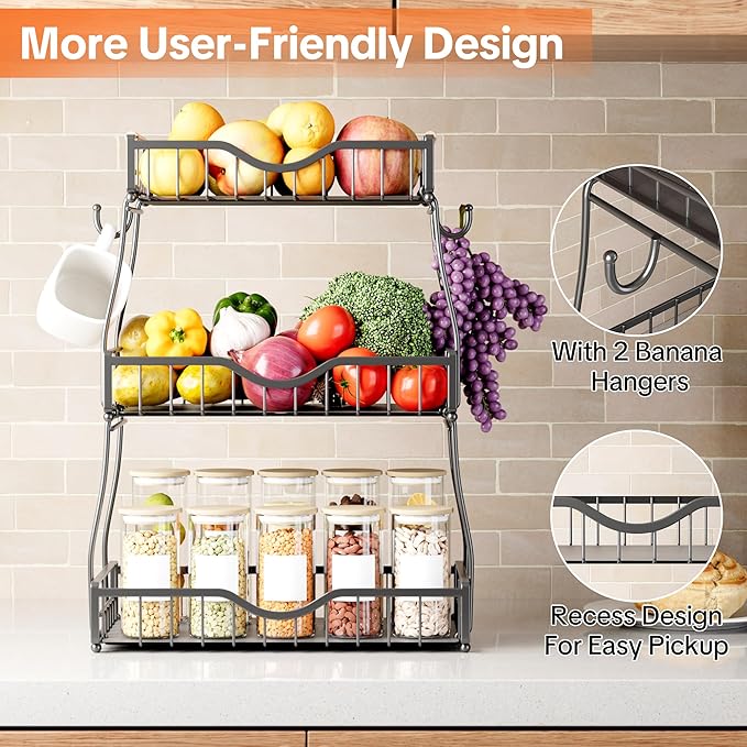 3 Tier Fruit Basket for Kitchen Countertop with 2 Banana Hangers,Detachable Metal Fruit Bowl with Wooden Handles and Protective Pads,Large Capacity Fruit and Vegetable Basket Organizer,Black