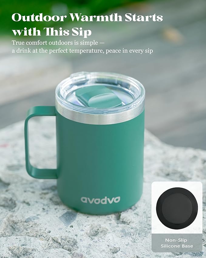 12oz Insulated Coffee Mug with Lid – Includes Two Lids, Stainless Steel Coffee Travel Mug with Handle, Double Wall Vacuum Insulated Camping Mug for Home, Office & Outdoor, Sage Green