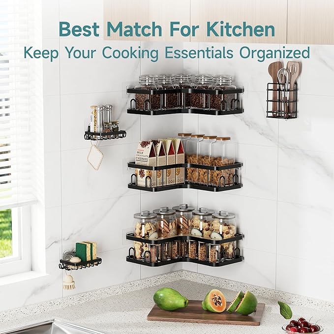 Veken Corner Shower Caddy 6-Pack, Advanced Rustproof Design, No Drilling Adhesive Shelves, Rack with Soap Holder, Large Capacity Bathroom Organizers and Storage, Wall-Mounted Kitchen&Home Decor,Black