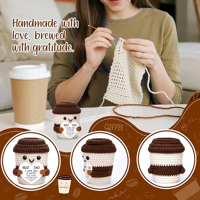 OCCdesign Mini Fathers Day Dad Gifts from Daughter Son Wife Crochet Coffee Cup Birthday Gifts for Men Father Husband Bonus Dads Stepdad Father-in-Law Daddy Best Dads Ever Gift Father's Day Ideas