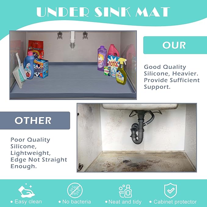 URMONA Waterproof Silicone Under Sink Mat 22'' x 14'' Shelf Liner for Kitchen and Bathroom, Cabinet and Counter Protector, Storage and Organizers, Litter Mat, Pet Cat Puppy Essentials(Green)