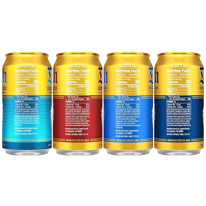 Liquid Death Iced Tea - Modern Variety, Less Sugar*, Boost of Caffeine, B Vitamins, No Artificial Sweeteners, 4 Flavors: Tea/Lemonade, Rest in Peach, Death Island, Blueberry Buzzsaw, 12 Fl Oz (Pack of 12)