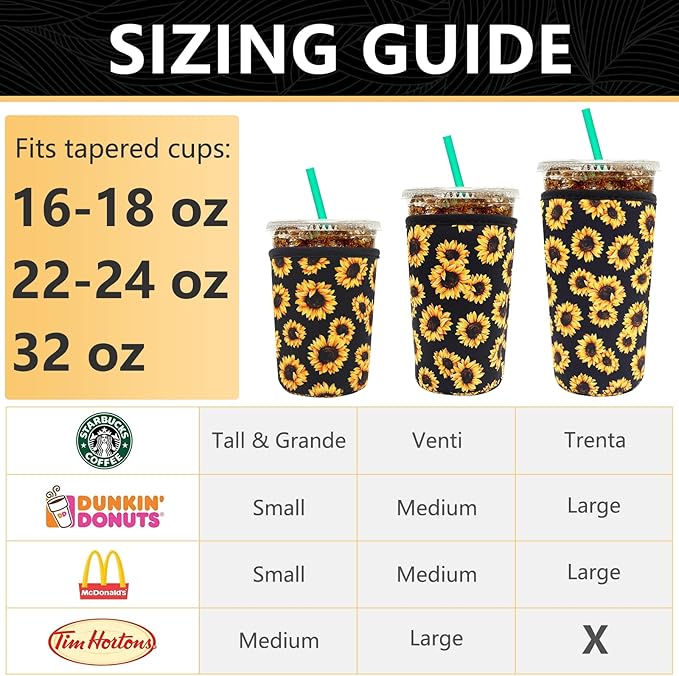YR Reusable Neoprene Insulator Sleeve for Iced Coffee Cups, 3 Pack Coffee Coolies sleeves for Iced & Hot Drinks, Cold Beverage Cooler Compatible with Starbucks Coffee and More (Sunflower)