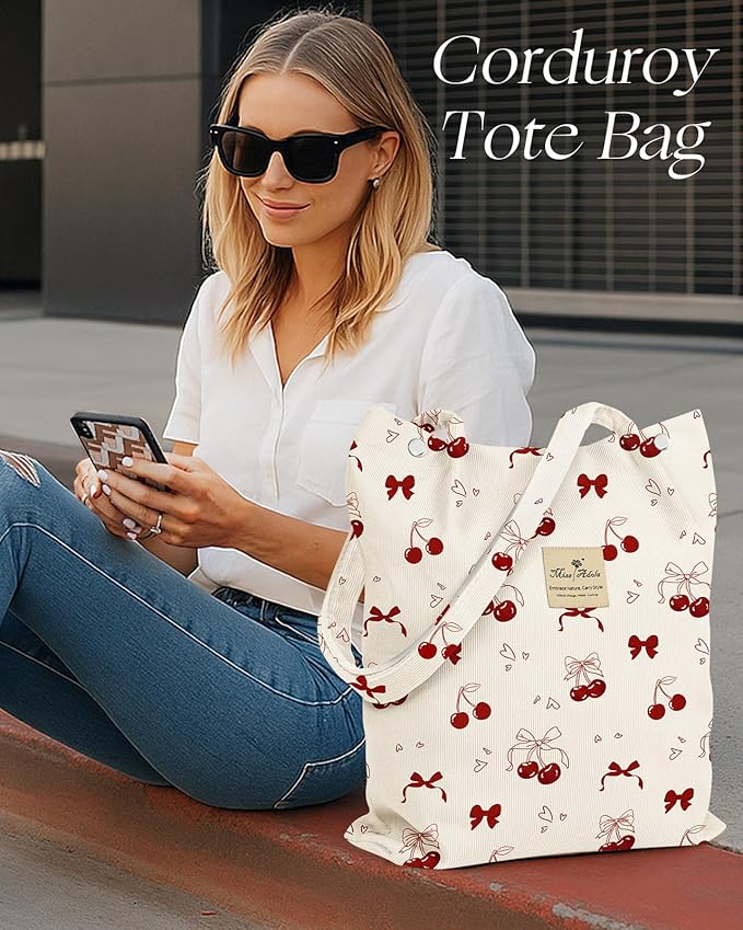 Miss Adola Corduroy Tote Bag for Women - Reusable Totes with Magnetic Buckle & Pocket Aesthetic Design Work Grocery Bags