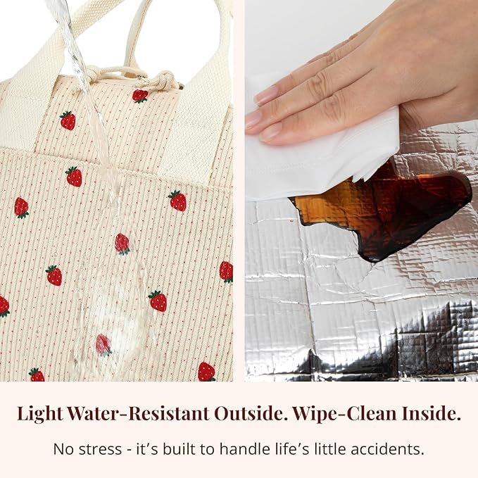 LOVELYWIND Insulated Strawberry Lunch Bag for Women, Stylish Corduroy Tote with Aluminum Lining, Large Capacity Reusable Cooler for Work, Travel, Beach or Picnic, Beige Cream Water-Resistant Lunch Box