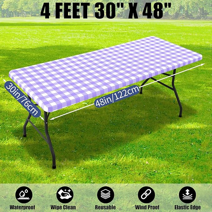 Smiry Picnic Table Cloth 2 Pack, Waterproof Elastic Fitted Tablecloths for 4FT Rectangle Tables, Washable Polyester Buffalo Plaid Tablecloth for Camping, Dining & Outdoor (Purple & White, 30" x 48")