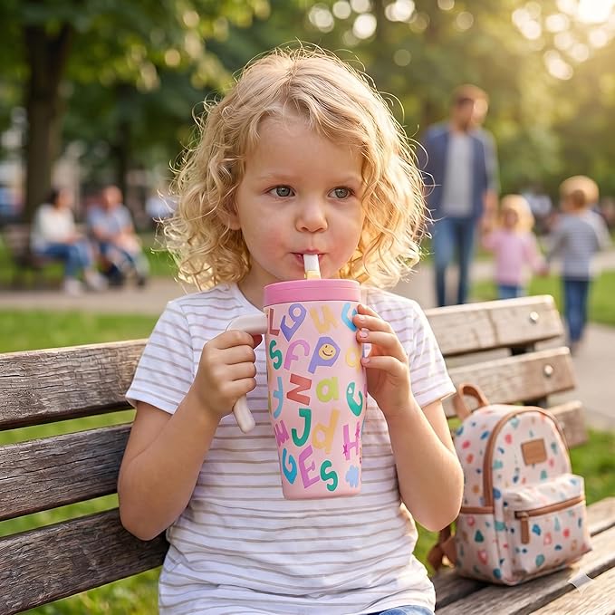 Fijinhom 25 oz Insulated Tumbler with Handle, Stainless Steel Insulated Water Bottle Coffee Mug with Straw, Coffee Cups, Cute Water Bottle for Sports, Travel, Lunch, Rosy Letter Crew