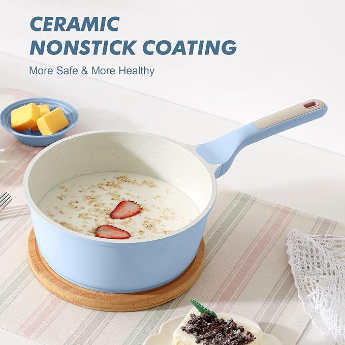 SENSARTE White Ceramic Nonstick Saucepan with Lid 2.5 Quarts, Medium Cooking Pot with Stay Cool Handle, Induction Compatible Saucepot, White Granite Coating, Free of Intentionally Added PTFE/PFOA/PFAS