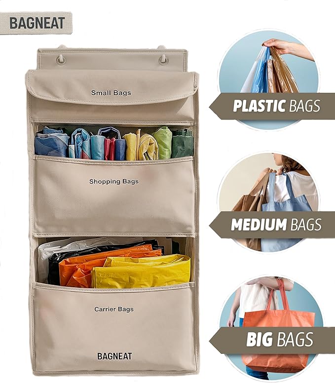 3 in 1 Plastic Bag Holder – Separate Plastic Bags, Reusable Bags & Grocery Bags – Over-the-Door or Wall-Mount Storage Organizer