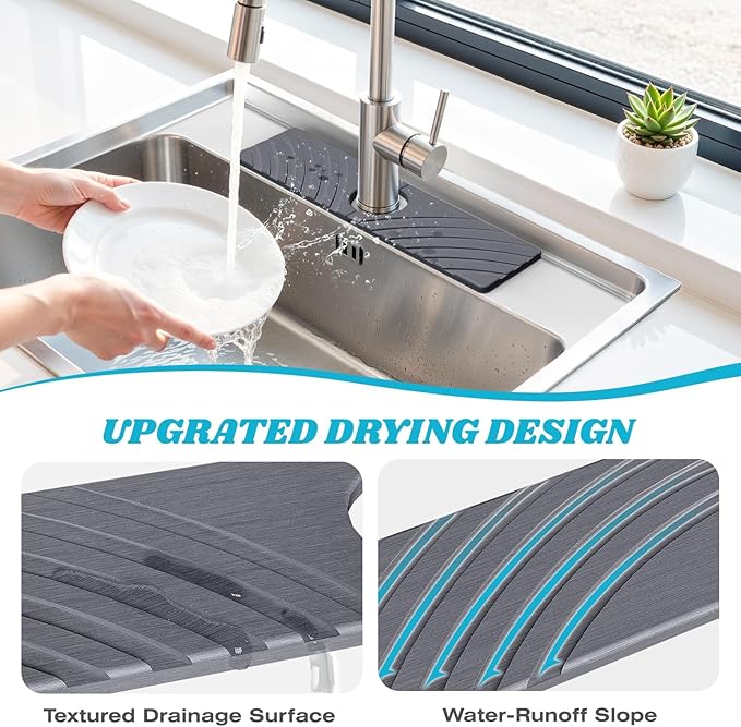 Stone Faucet Mat for Kitchen Sink - Fast Drying Diatomite Stone Drying Mat, Textured Drainage Sink Protector, Water Splash Guard with Base Pads for Bathroom Counter (15.7x4 in, Dark Gray)