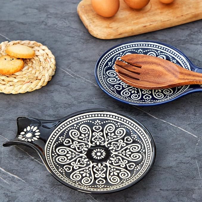 Ceramic Spoon Rest, Cooking Spoon Holder for Kitchen Counter/Stove Top/Dining Table Modern Farmhouse Decorative, Large (Black)