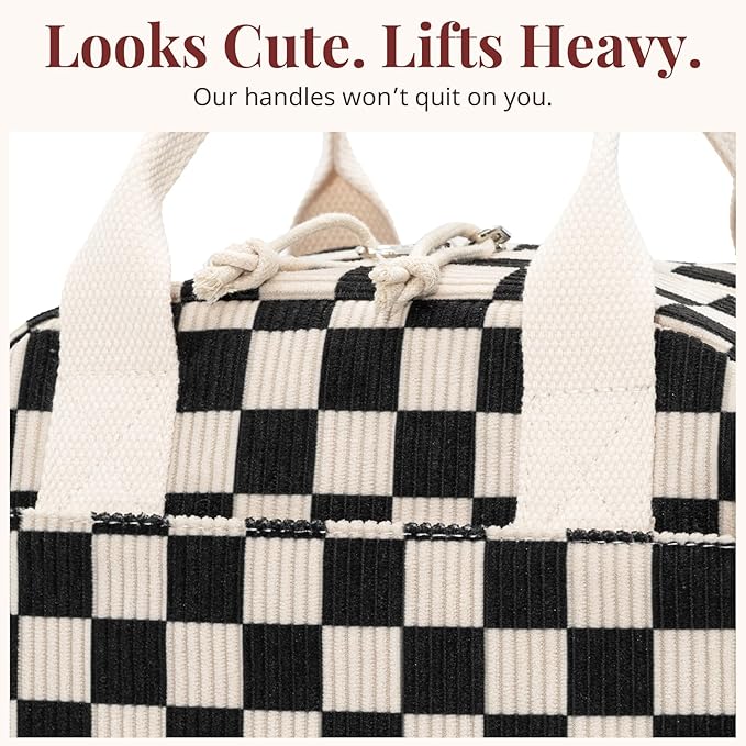 LOVELYWIND Insulated Black Checkered Lunch Bag for Women, Stylish Corduroy Tote with Aluminum Lining, Large Capacity Reusable Cooler for Work, Travel, or Beach, Beige Cream Water-Resistant Lunch Box