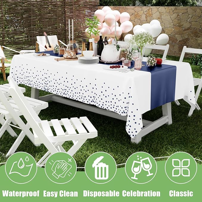 Smiry Plastic Table Cloth Disposable 8 Pack, 54 x 108 Inch Rectangle Waterproof Tablecloth, Printed Gold Table Runner Style for Birthday Weeding, Party Decorations, Leakproof & Sturdy, White and Navy