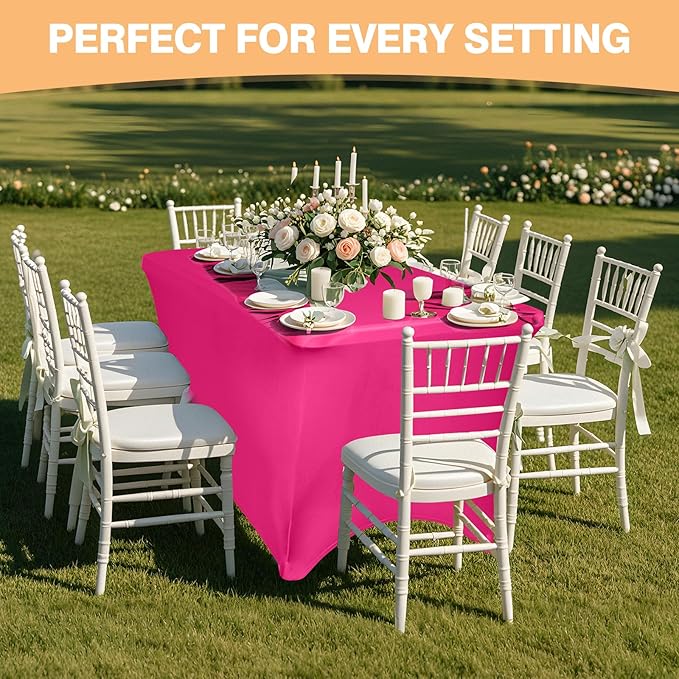 2 Pack 6 Feet Fuchsia Spandex Tablecloth for Rectangular Tables, Fitted & Stretch, Washable, Wrinkle Resistant, Perfect for Event, Wedding, Party, Banquet, Cocktail, Festival, and Table Protector