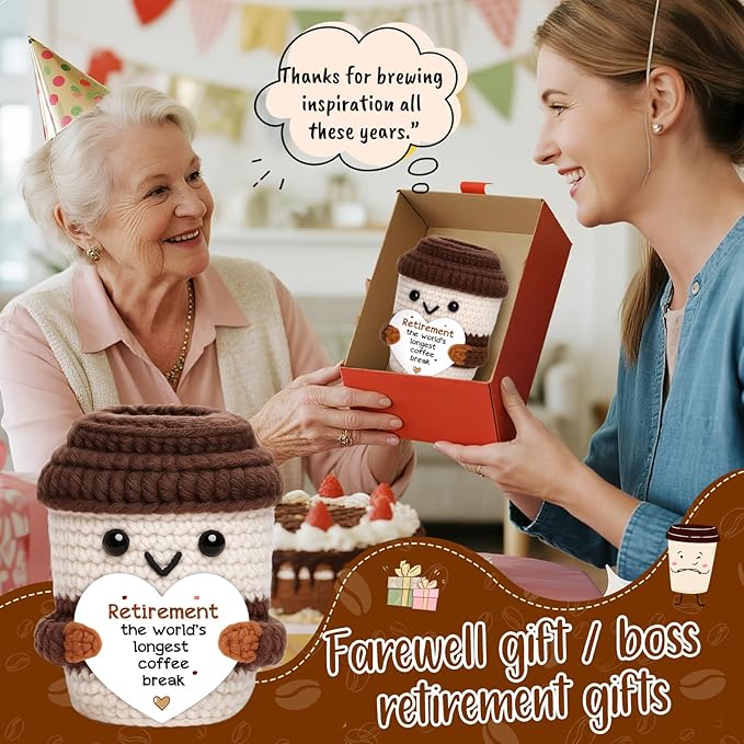 Mini Retirement Gift for Women Men Handmade Crochet Coffee for Coworker Mentors Leader Teachers Nurse Friends Mom Grandma Retired Farewell Going Away Goodbye Gifts for Women Men Retirement Party