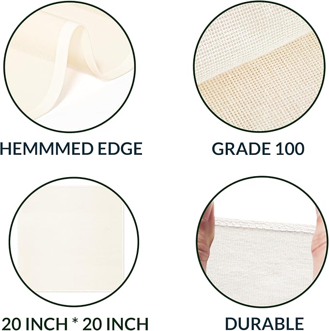 10-Pack Cheesecloth, 20x20 Inch Hemmed Cheese Cloth for Straining, Reusable Unbleached Cotton Strainer for Cooking, Baking, Juicing, and Cheese Making (Grade 100)