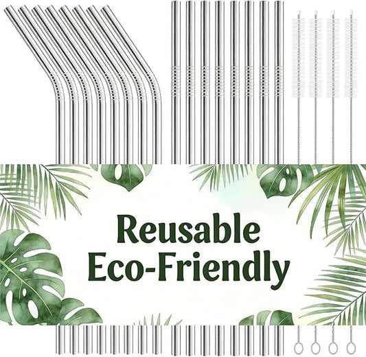16-Pack Stainless Steel Straw,Reusable Straws – 8 Straight & 8 Bent (8.5 Inch) Metal Drinking Straws with 4 Cleaning Brushes,Replacement Straws,Dishwasher Safe,Ideal for Home,Travel