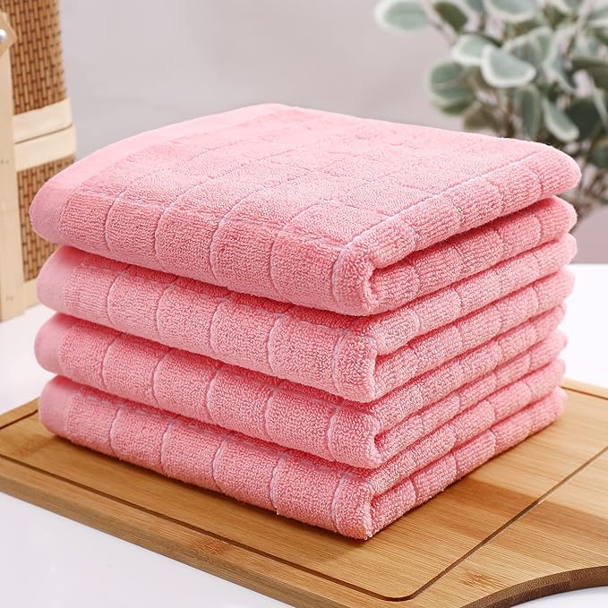 Homaxy 100% Cotton Terry Kitchen Towels(Pink, 13 x 28 inches), Checkered Designed, Soft and Super Absorbent Dish Towels, 24 Pack