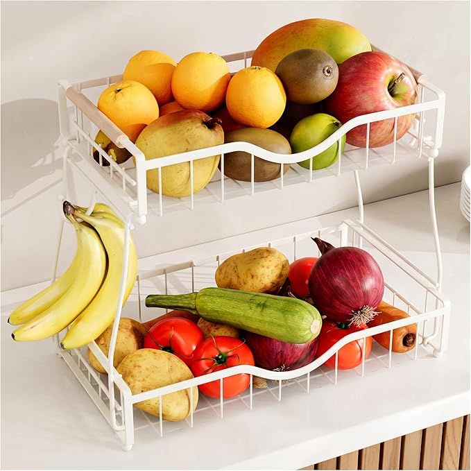 2 Tier Fruit Basket for Kitchen Countertop with 2 Banana Hangers,Detachable Metal Fruit Bowl with Wooden Handles and Protective Pads,Large Capacity Fruit and Vegetable Basket Organizer,White
