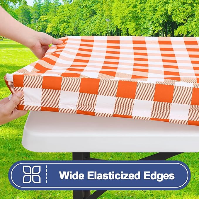 Smiry Picnic Table Cloth 2 Pack, Waterproof Elastic Fitted Tablecloths for 6FT Rectangle Tables, Washable Polyester Buffalo Plaid Tablecloth for Camping, Dining & Outdoor (Orange & White, 30" x 72")