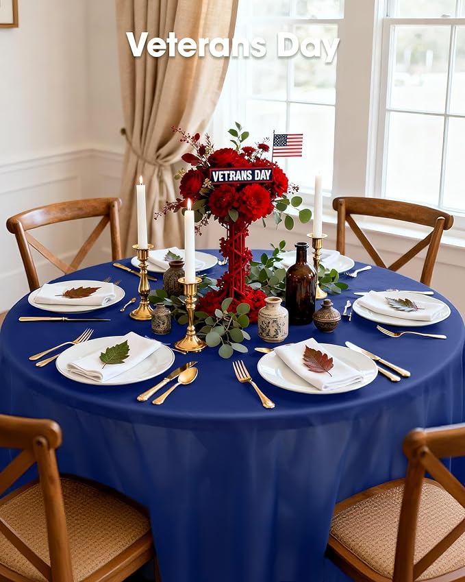 Pureegg Plastic Table Cloth Disposable 10 Pack, 84'' Round Table Cloths, Graduation, Patriotic Decorations, Thanksgiving, Veterans Day Tablecloths, Round, Plastic Cover, Leakproof & Sturdy, Navy Blue