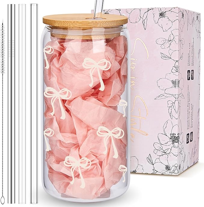 Coquette Cute Cream Bow Glass Cups with Lids and Straws, Aesthetic Iced Coffee Cup Girly Preppy Tumbler Mug Room Decor, Christmas Valentines Birthday Gifts for Women, Teen Girl Gifts Trendy Stuff