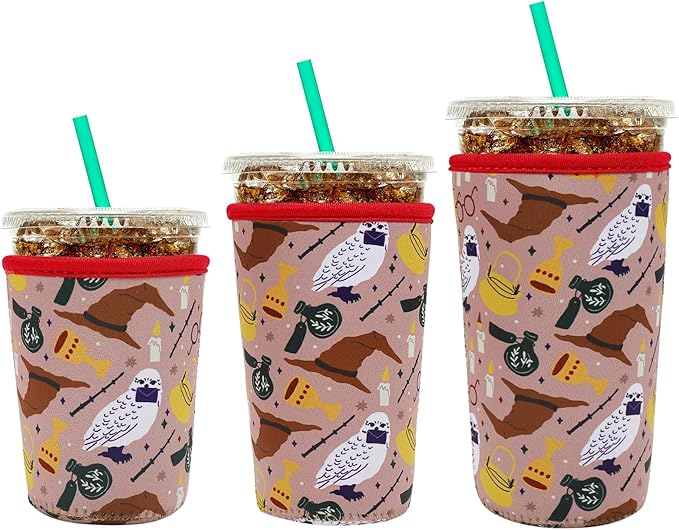YR Reusable Neoprene Insulator Sleeve for Iced Coffee Cups, 3 Pack Coffee Coolies sleeves for Iced & Hot Drinks, Cold Beverage Cooler Compatible with Starbucks Coffee and More (Horcrux)