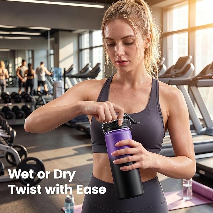 Fijinhom 18 oz Insulated Water Bottle, 2-in-1 Straw and Spout Lid Stainless Steel Thermos, Leak-Proof, Double Wall Vacuum Flask, Keep Cold 24H for Outdoor, Sports, Travel, School (Purple&Black)