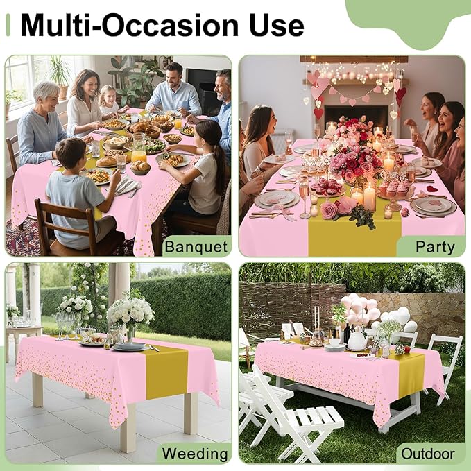 Smiry Plastic Table Cloth Disposable 5 Pack, 54 x 108 Inch Rectangle Waterproof Tablecloth, Printed Gold Table Runner Style for Birthday Weeding, Party Decorations, Leakproof & Sturdy, Pink and Gold