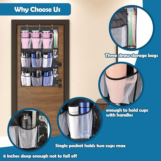 AIERSA Tumbler Organizer for Stanley 30 40 oz Cups with Handle, Cup Holder with Big Pockets for Big Water Bottles, Over the Door Tumbler Holder, Kitchen Cabinets Organizers Accessories
