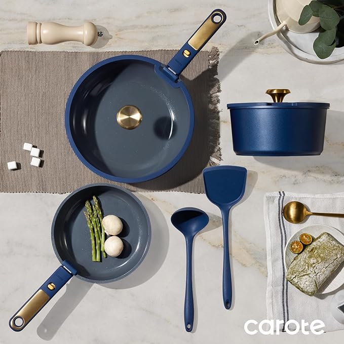 CAROTE Blue&Gold Ceramic Cookware Set Non Toxic, PFAS Free,15Pcs Pots and Pans Set Non Stick Detachable/Removable Handle,Kitchen Cooking Set Dishwasher Safe, Nonstick Pot and Pan, Induction Cookware