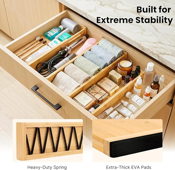 4 Pack Drawer Dividers, 2.36" Bamboo Expandable Drawer Organizers, 17-22" Adjustable Tension Separators, Standard Drawer Dividers for Kitchen, Bedroom Dresser, Baby Nursery & Bathroom
