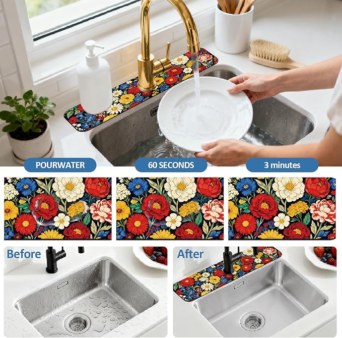 2 Pcs Kitchen Sink Splash Guard Faucet Mats Vintage Colored Flowers Pattern Faucet Mat for Sinks Absorbing Drying Mat for Kitchen Bathroom, 23.6x5.5inch