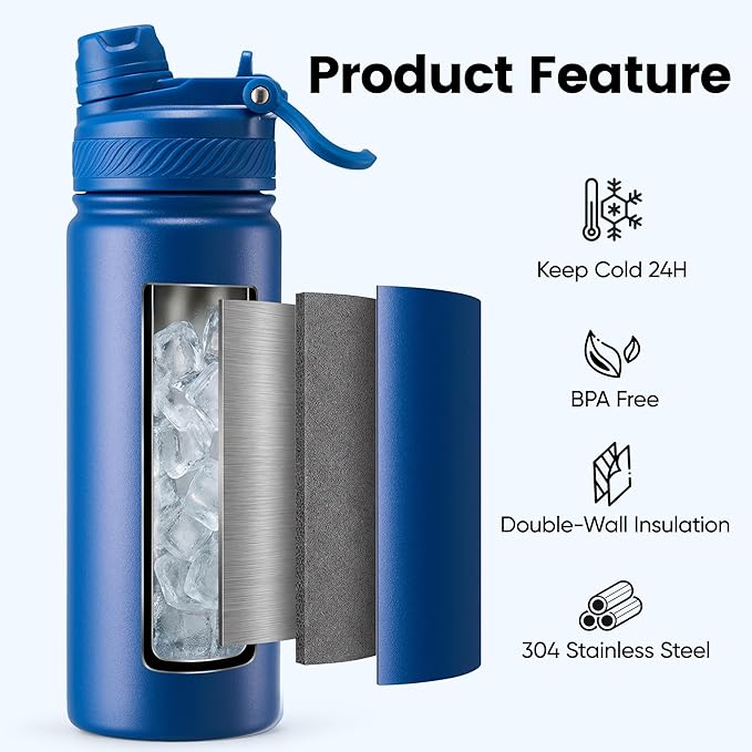 Fijinhom 18 oz Insulated Water Bottle, 2-in-1 Straw and Spout Lid Stainless Steel Thermos, Leak-Proof, Double Wall Vacuum Flask, Keep Cold 24H for Outdoor, Sports, Travel, School (Blue)