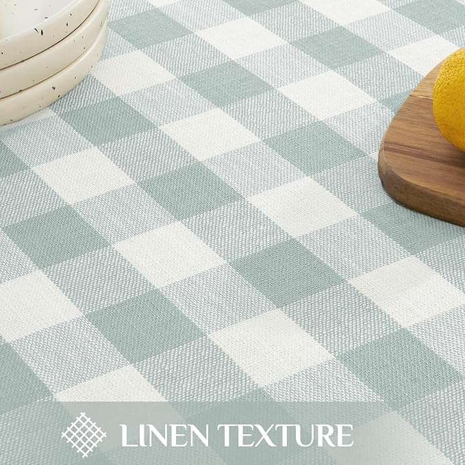 Softalker Checkered Tablecloth Rectangle, Outdoor Linen Cotton Gingham Table Cloth with Tassel, Heavy Duty Wrinkle Free Buffalo Plaid Table Cover for Kitchen Dining Summer Party - 55 x 120 Inch, Aqua
