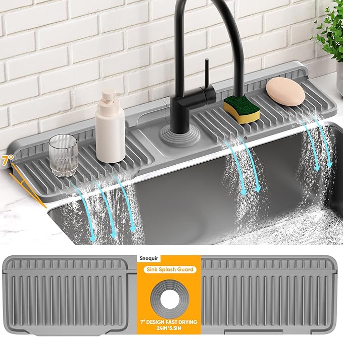 24'' Longer Faucet Mat for Kitchen Sink Splash Guard[7° Slope Fast Self-draining][Snap Lock Fit]Kitchen Sink Faucet Mat Splash Guard Kitchen Sink Area Water Splash Guard Behind Faucet Draining Mat