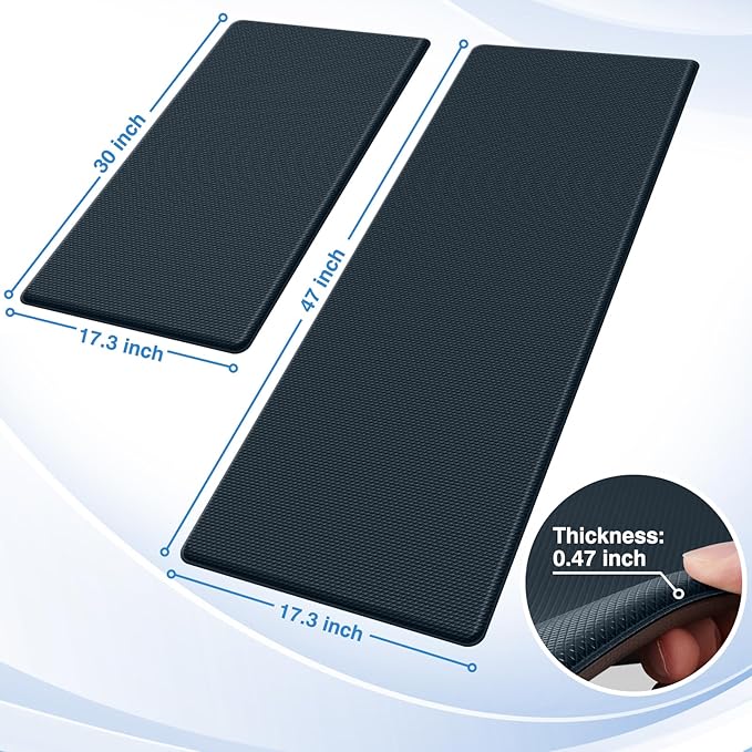 StepRite Kitchen Mats, 2PCS Kitchen Rugs, Cushioned Anti Fatigue Kitchen Mats for Floor, Non-Slip Standing Desk Mat, Waterproof Kitchen Rug Set for Floor, Office, 17.3"x30"+17.3"x47", Dark Charcoal